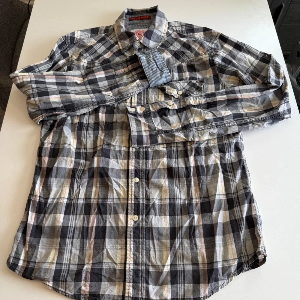 Christian Audigier Mens Plaid Button Down Shirt Black Grey Orange Long Sleeve‎ M